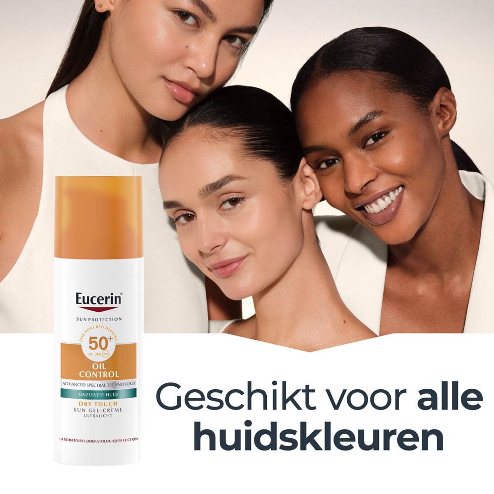Eucerin Sun Protection Oil Control SPF 50+ Gel-Crème met tekst over ultralichte, snelle absorptie.