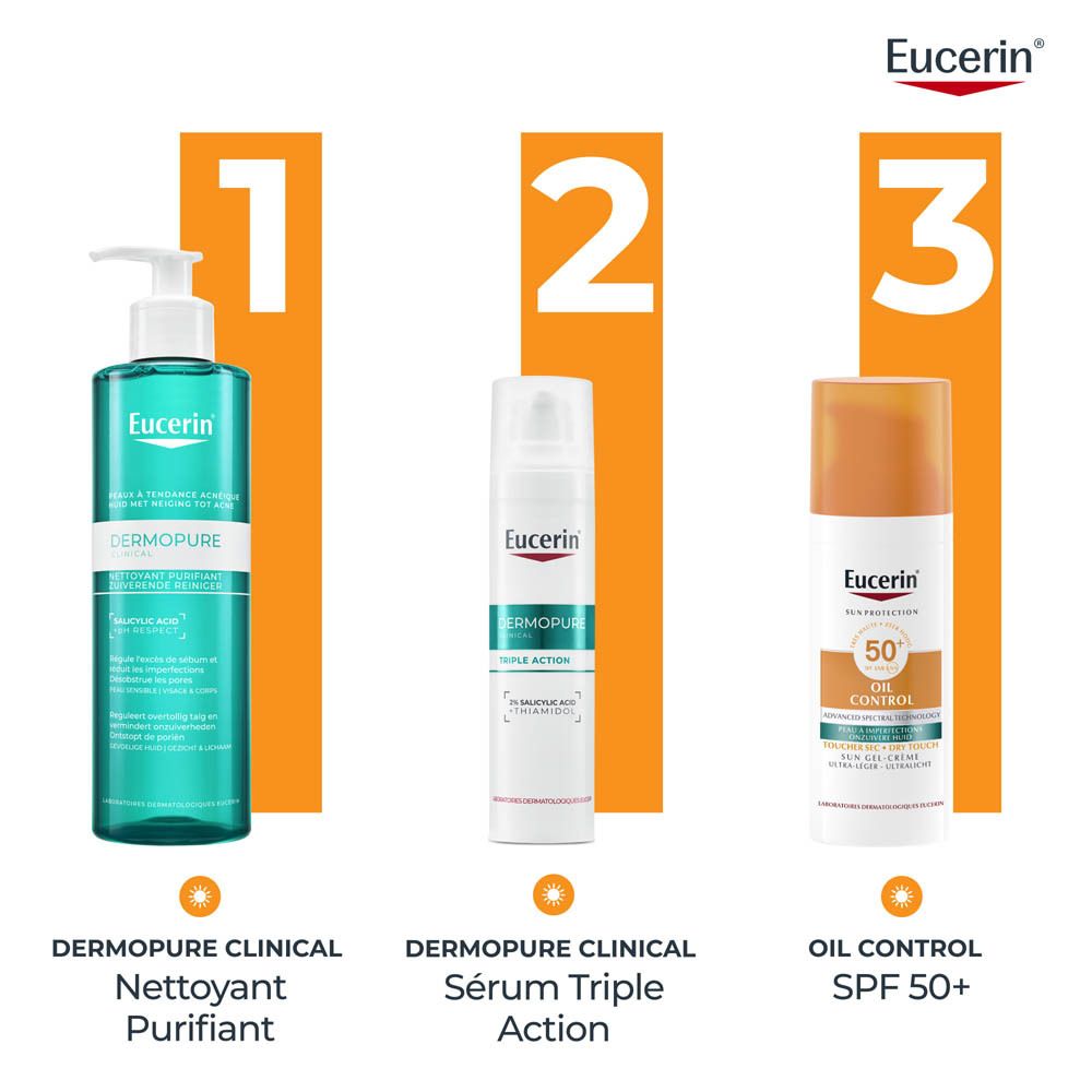 Technologies Eucerin AOX Shield et Oil Control avec représentations visuelles.