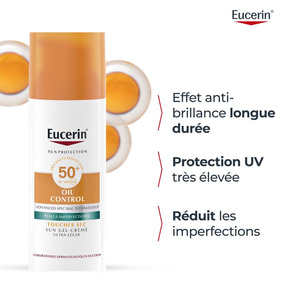 Nettoyant Eucerin Dermopure, Sérum Triple Action et Oil Control SPF 50+ en présentation étape par étape.