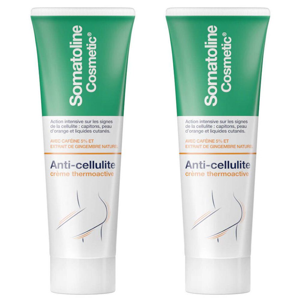 Deux tubes de crème anti-cellulite. Inscription: Somatoline Cosmetic. Couleur verte et blanche.