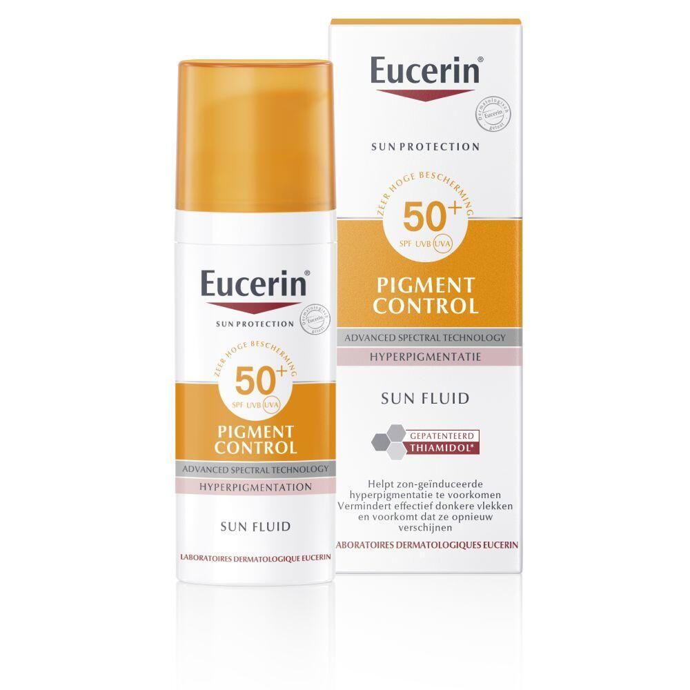 Eucerin Pigment Control Sun Fluid SPF 50+ flesje en doos.