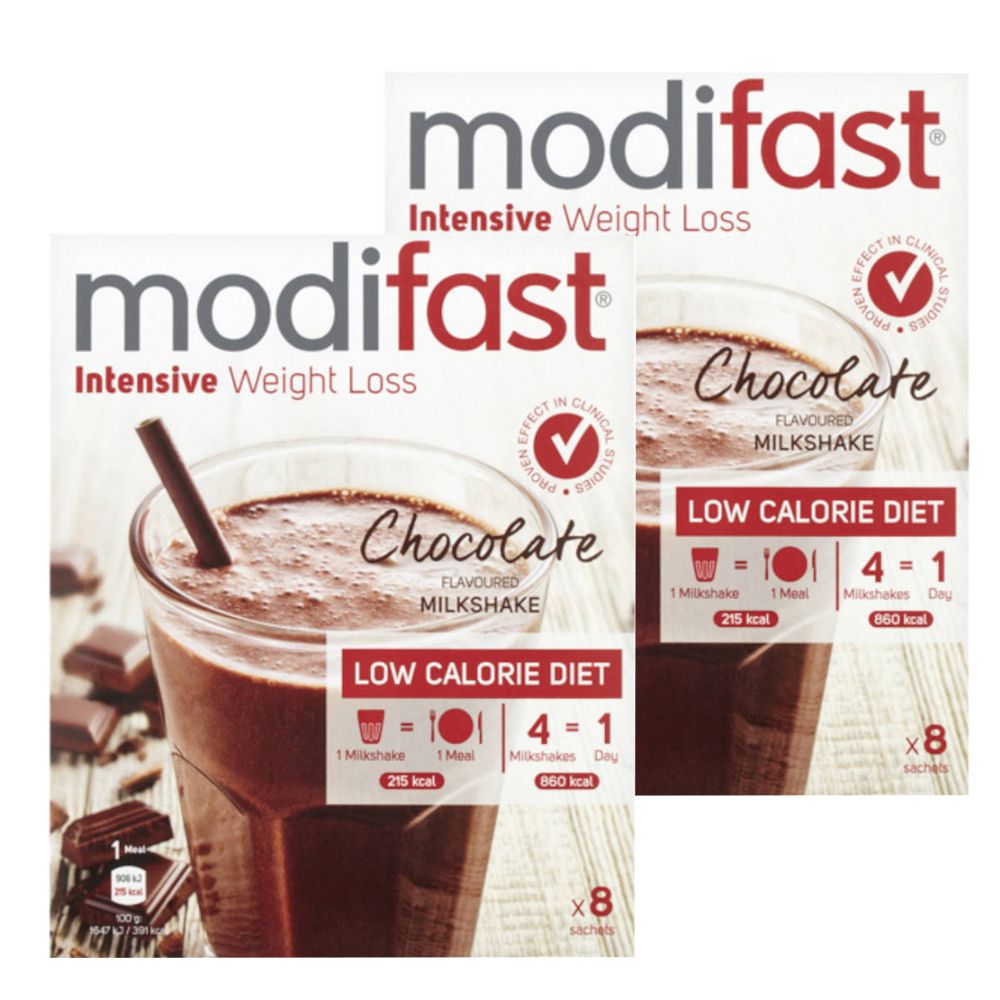 Twee verpakkingen modifast® Intensive Weight Loss Milkshake Chocolat. Opschriften: Chocolate, Low Calorie Diet, 4-1, x8.