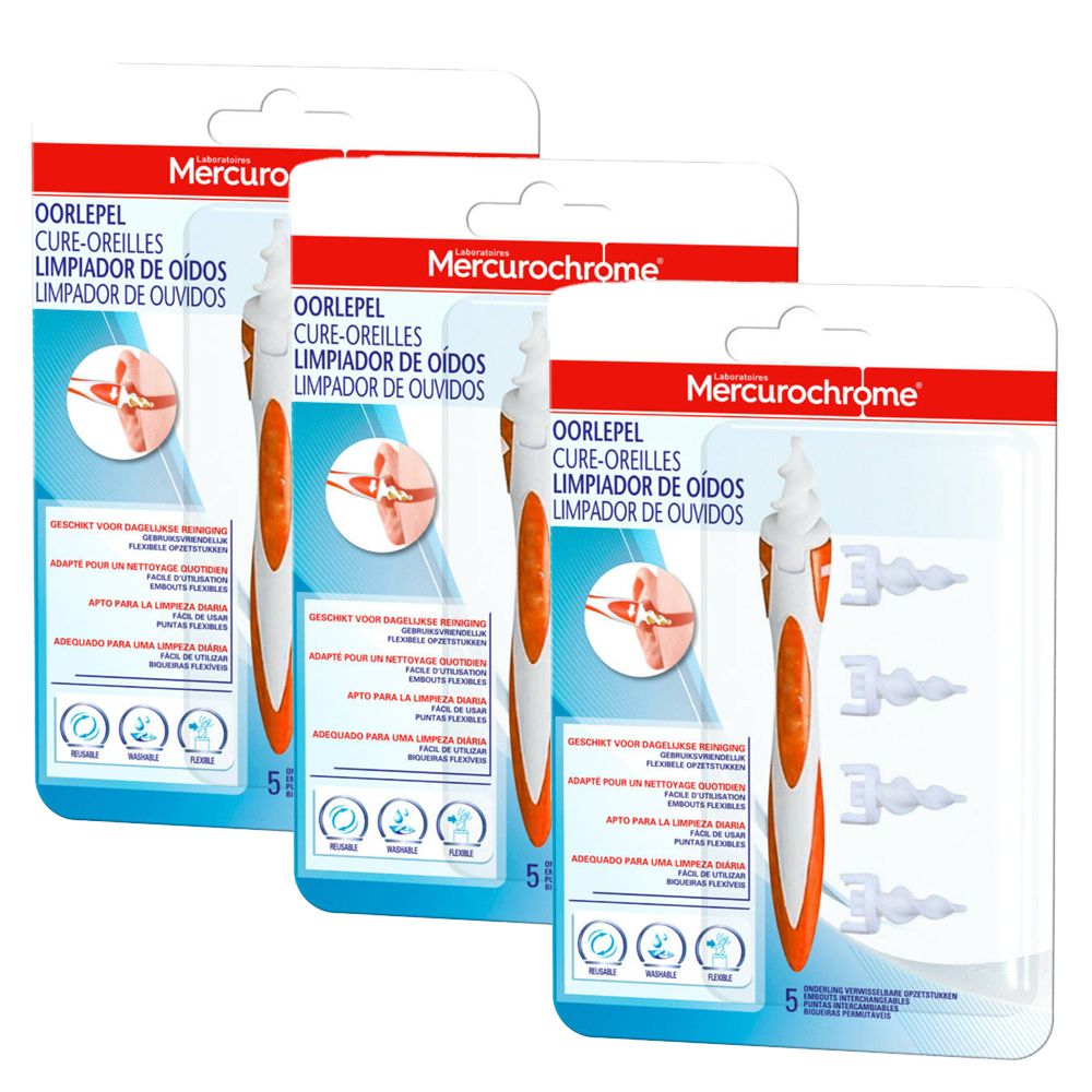 Trois emballages d'Ohrreiniger. Chaque emballage contient une poignée orange et blanche et cinq embouts. Le nom "Mercurochrome" est visible.