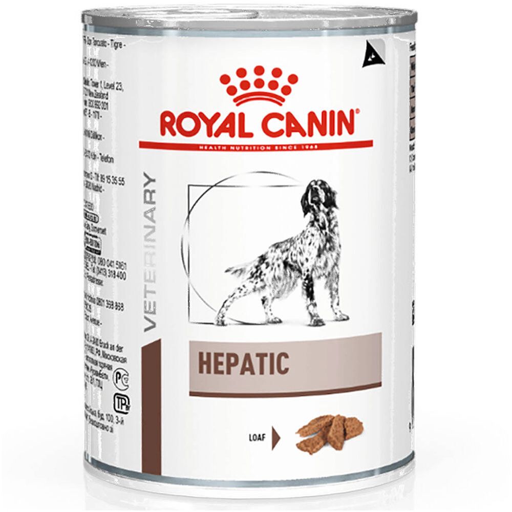 Blik ROYAL CANIN met "Hepatic". Afbeelding van hond en stukjes voer. Veterinair product.