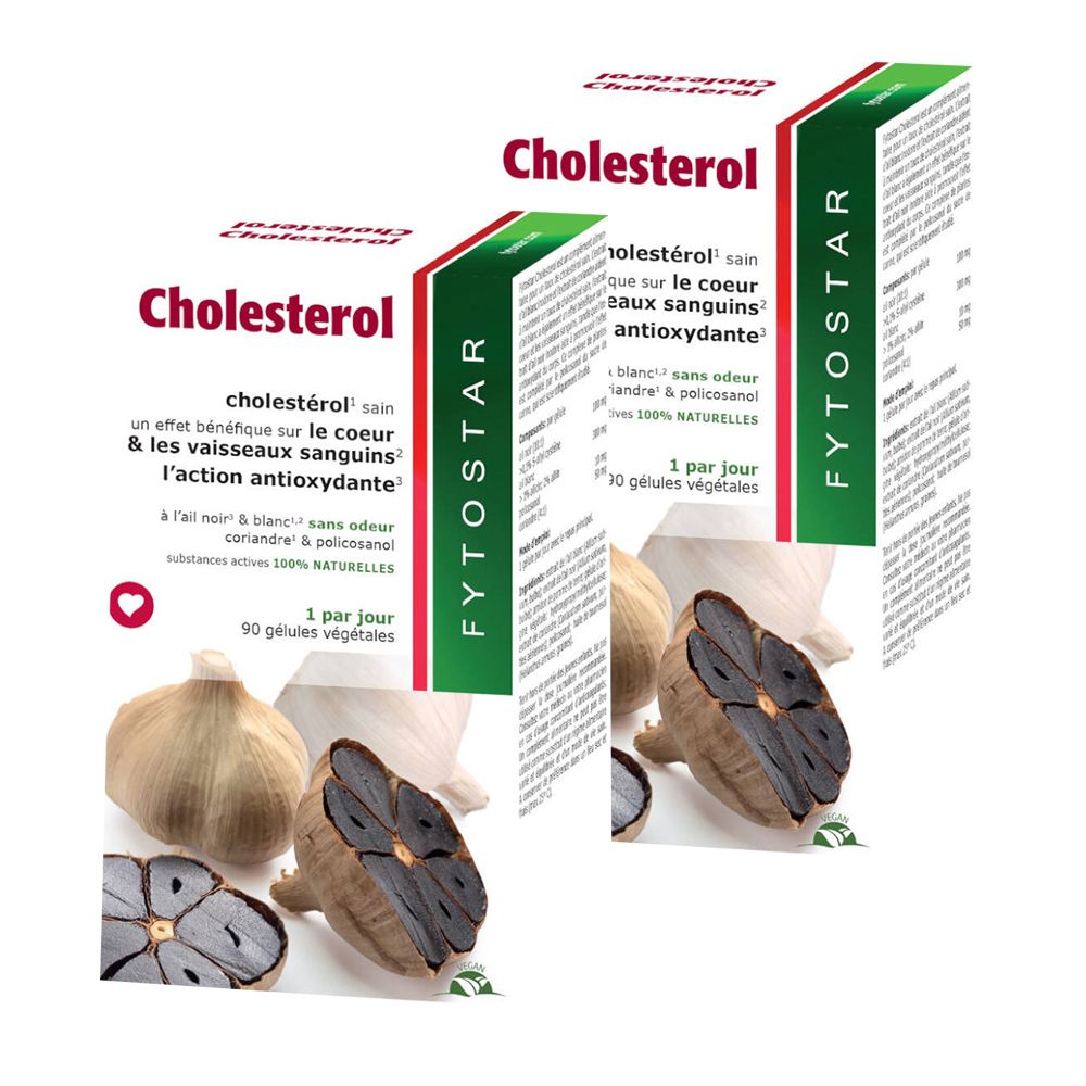 Twee dozen "Cholesterol" en "FYTOSTAR". Tekst en afbeeldingen van zwarte en witte knoflookteentjes. 90 plantaardige capsules.