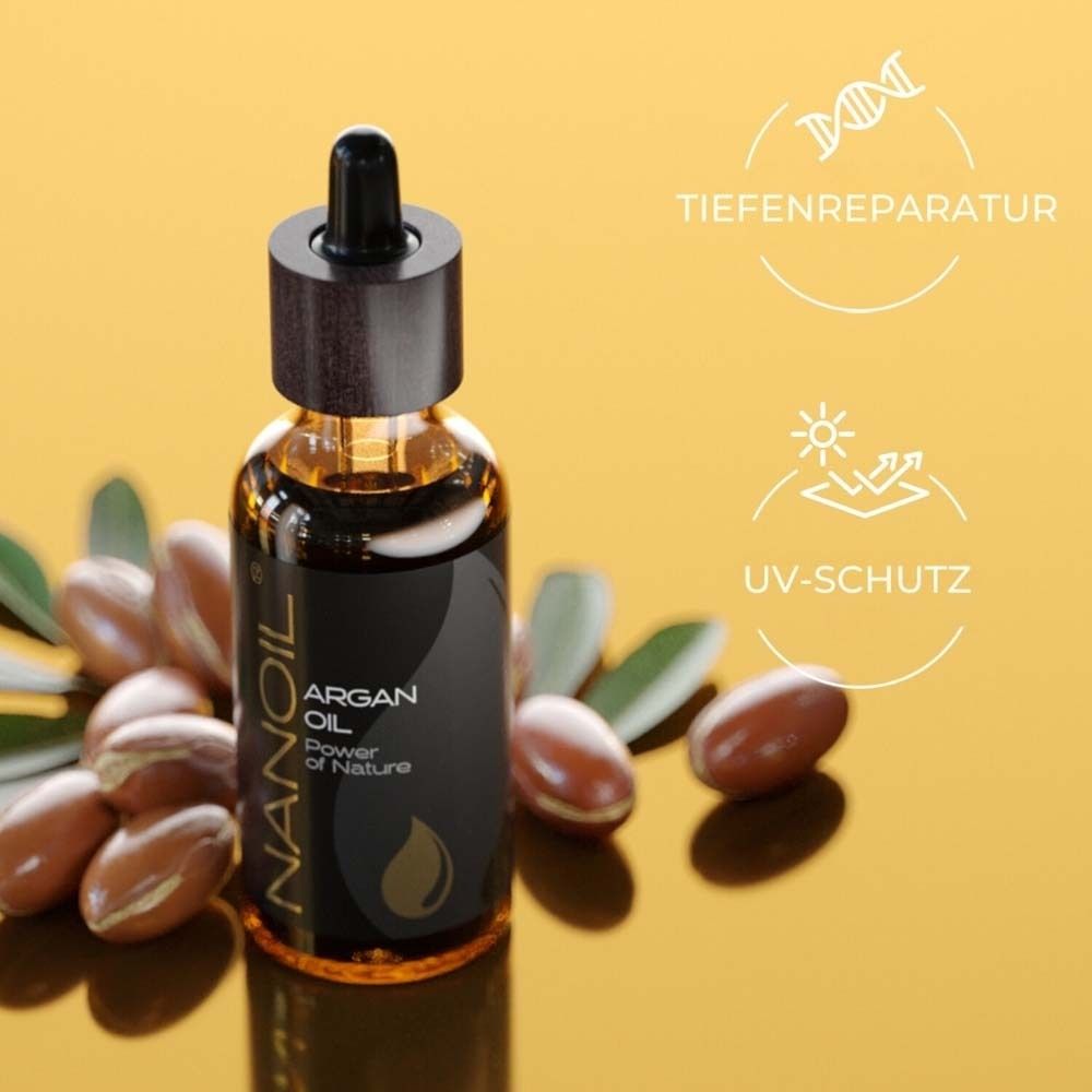 Flacon avec étiquette noire. Inscription: NANOIL, Argan Oil. Symboles: réparation en profondeur, protection UV. Fruits d'argan.