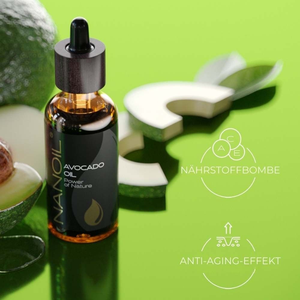 Fles met druppelaar. Opschrift: NANOIL Avocado Oil. Grafieken: voedingsbom, anti-aging effect. Groene achtergrond.