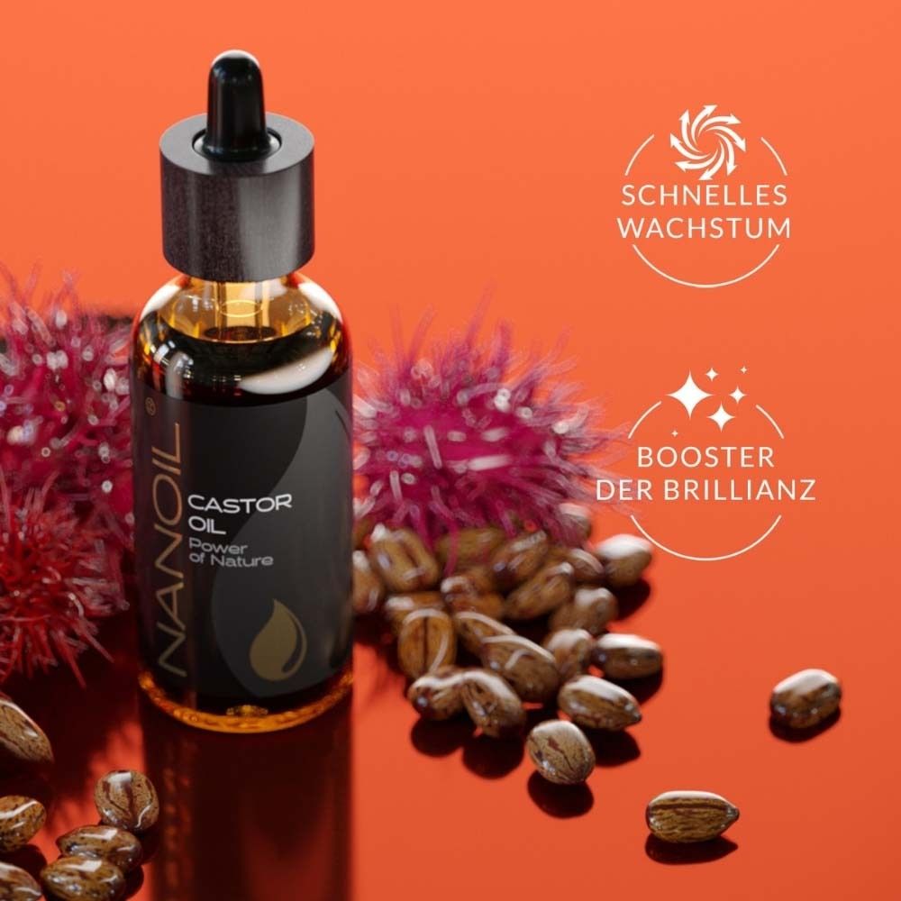 Flacon avec étiquette noire et graines. Inscription : NANOIL, Castor Oil. Texte sur la croissance rapide et la brillance.