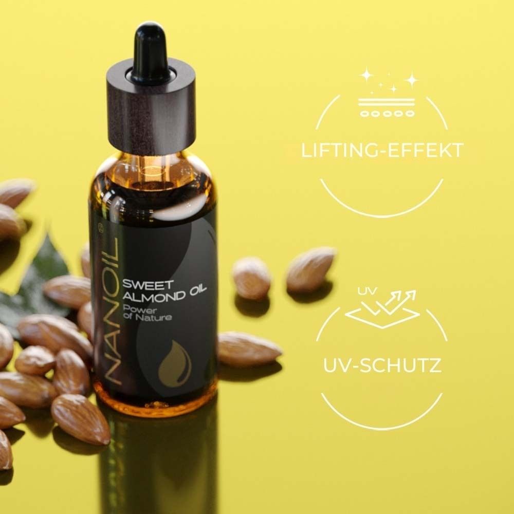 Productfles en symbolen. Opschrift: NANOIL Sweet Almond Oil. Symbolen: lifting-effect, UV-bescherming.