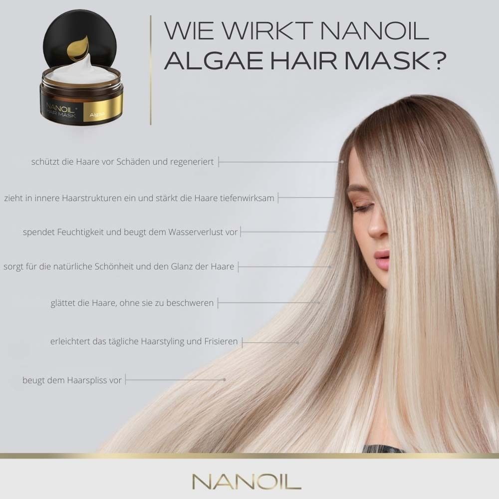 Vrouw met blond haar. Pot NANOIL Hair Mask. Tekst over werking. Productnaam en logo.