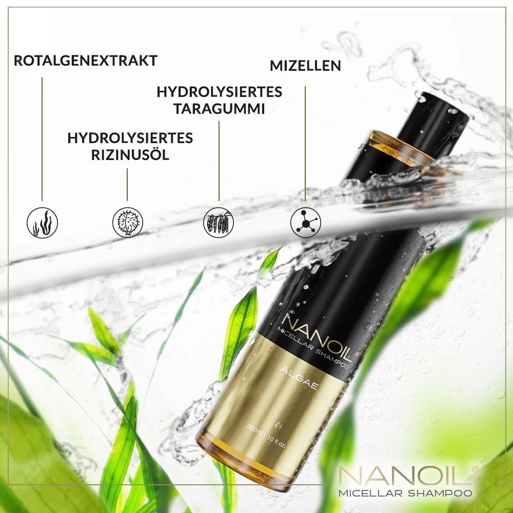 Fles in water. Opschrift: NANOIL Micellar Shampoo, Algae. Met ingrediëntbenamingen.