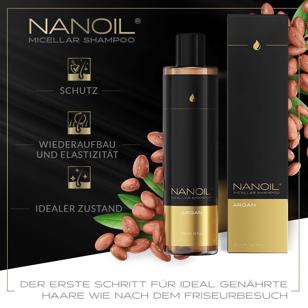 NANOIL Argan Micellair Shampoo. Product met verpakking en argan noten. Tekstelementen.