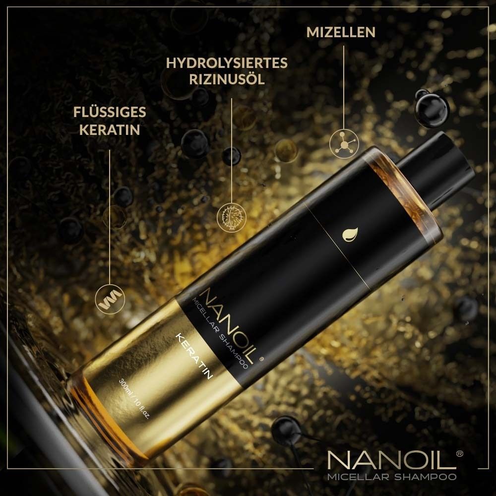 Shampooing micellaire à la kératine NANOIL. Bouteille avec illustrations d'ingrédients. Texte: Kératine liquide, huile de ricin, micelles.