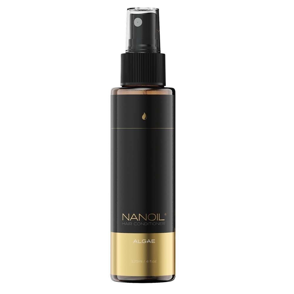Conditionneur capillaire NANOIL® Algae. Flacon noir avec vaporisateur et base dorée.