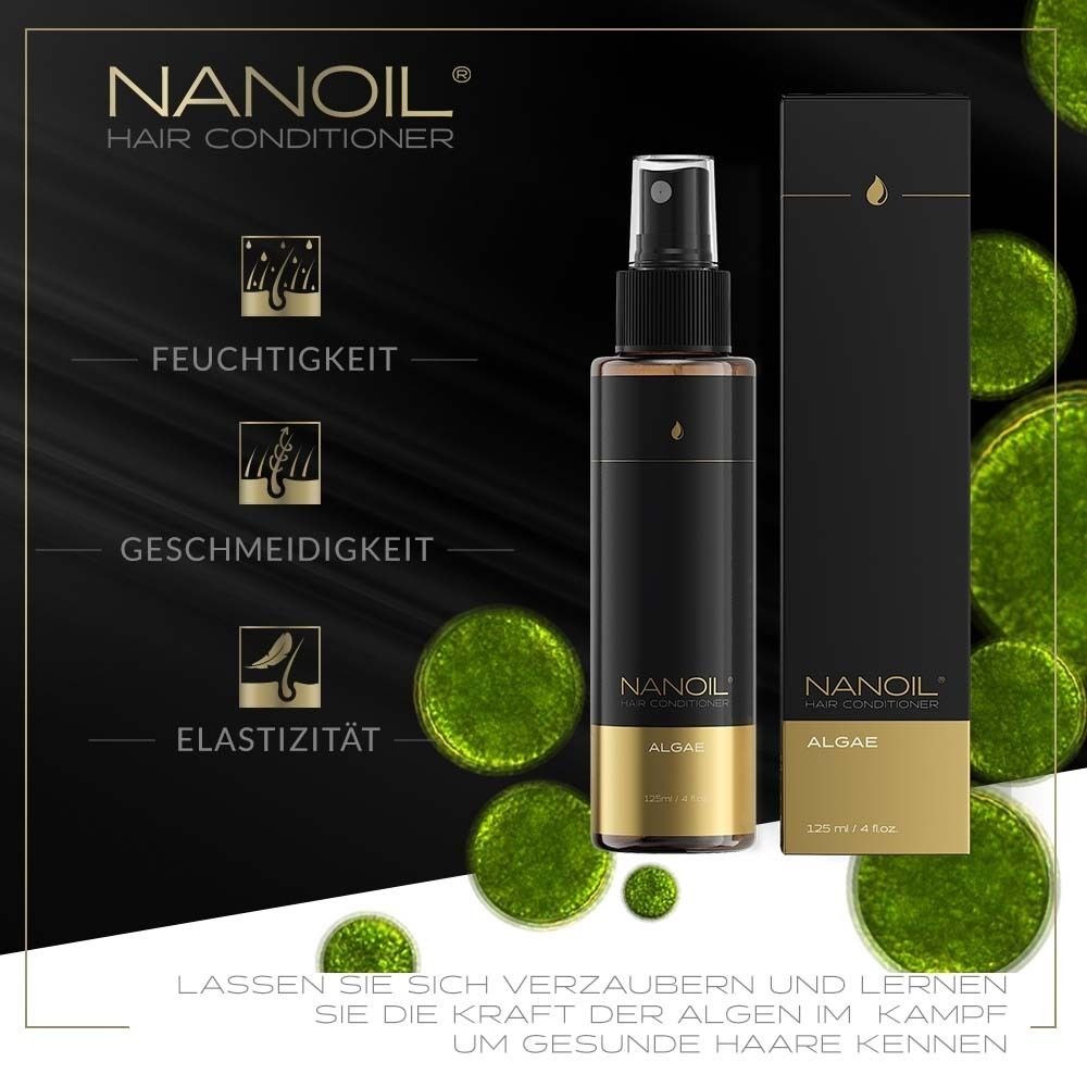 Conditionneur capillaire NANOIL® aux algues. Fond noir avec cercles verts. Texte : Hydratation, douceur, élasticité.