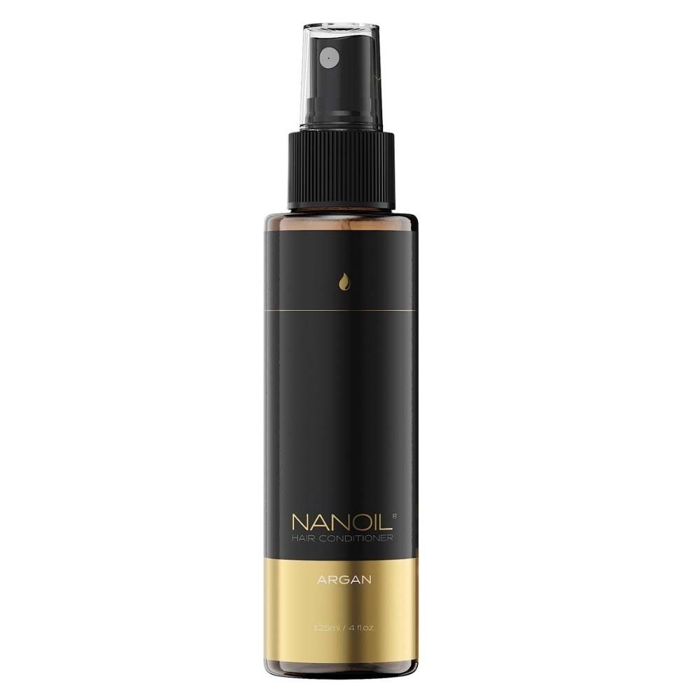 NANOIL® Argan conditioner. Zwarte fles met verstuiver en gouden tekst.