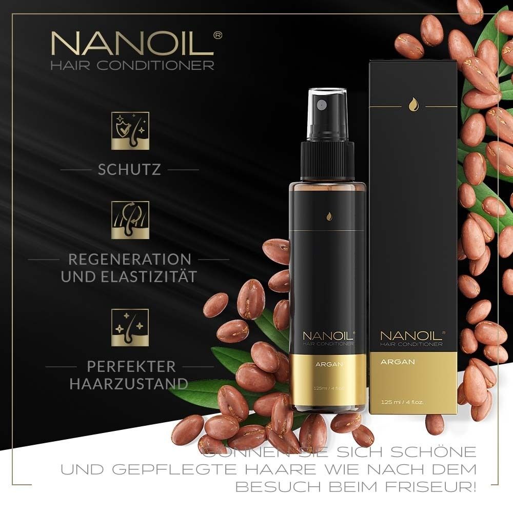 NANOIL® Argan conditioner. Fles met verstuiver, arganolie en verpakking. Tekst: bescherming.