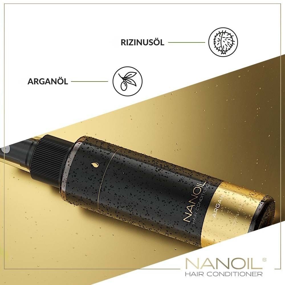 NANOIL® Argan conditioner. Zwarte fles met verstuiver. Tekst: arganolie, ricinusolie.