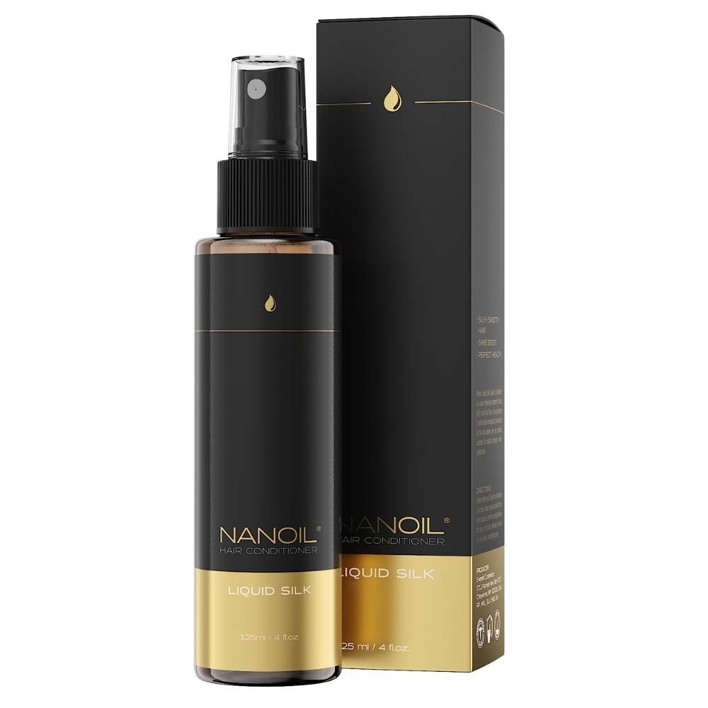 Zwarte fles met verstuiver. Opschrift: NANOIL HAIR CONDITIONER, LIQUID SILK. Met verpakking.