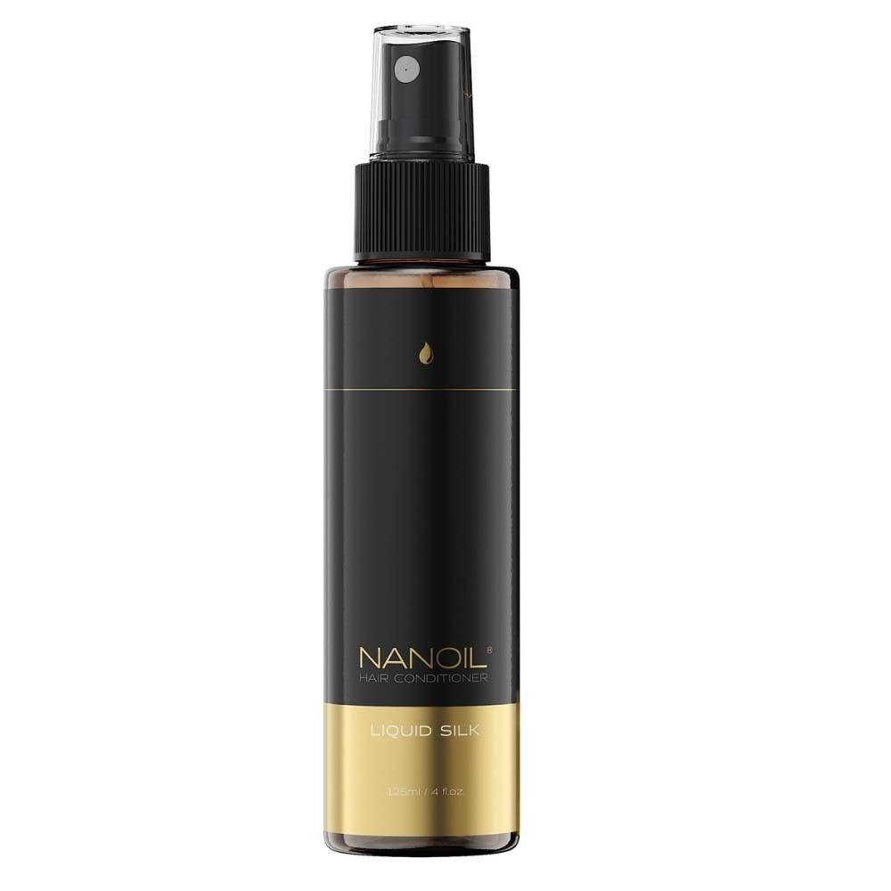 Zwarte fles met verstuiver. Opschrift: NANOIL HAIR CONDITIONER, LIQUID SILK. Gouden bodem.