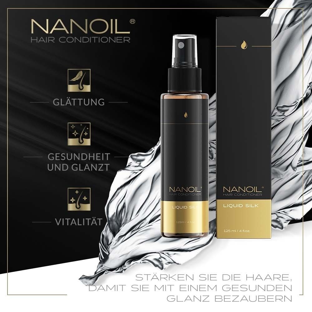 Reclamebeeld. NANOIL HAIR CONDITIONER, LIQUID SILK. Iconen voor gladheid, gezondheid, vitaliteit. Met verpakking.