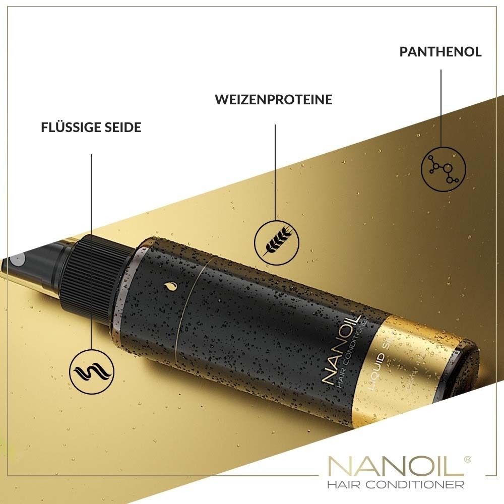 Product met ingrediënten: Vloeibare zijde, tarwe-eiwitten, panthenol. NANOIL HAIR CONDITIONER.