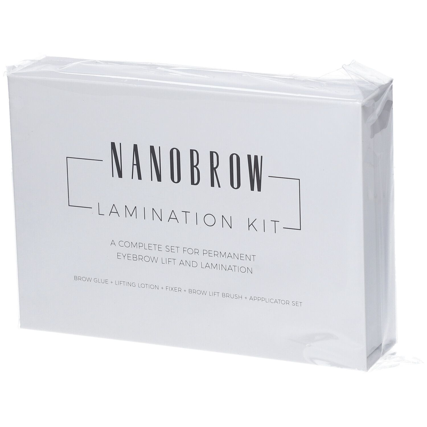 Verpakking van de Nanobrow Lamination Kit, een set voor permanente wenkbrauwlifting en laminatie.