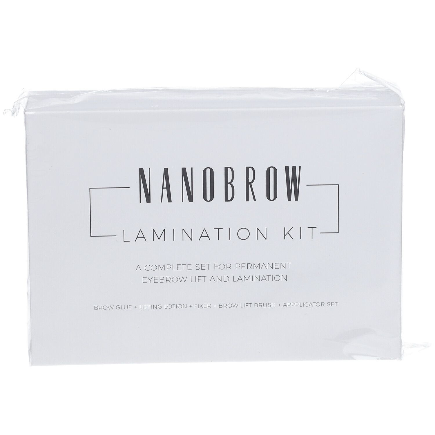 Nanobrow Laminatie Kit: een complete set voor permanente wenkbrauwlifting en laminatie, inclusief lijm, lotion, fixer, borstel en applicator.