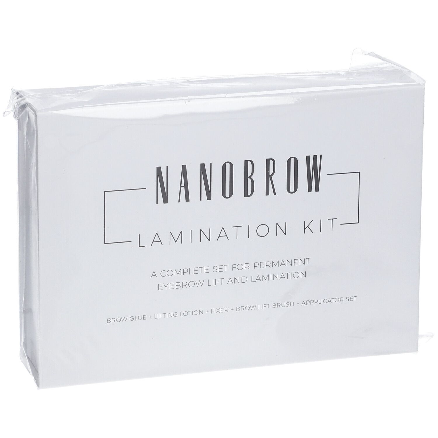 Verpakking van een Nanobrow Lamination Kit voor permanente wenkbrauwlift en laminering.