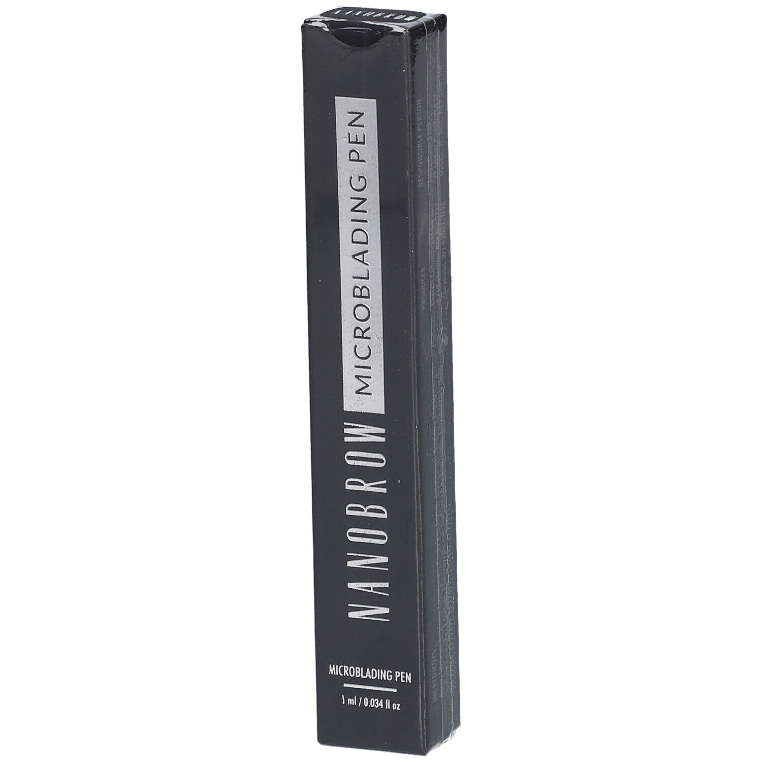 Emballage noir pour le stylo de microblading Nanobrow avec inscription argentée.