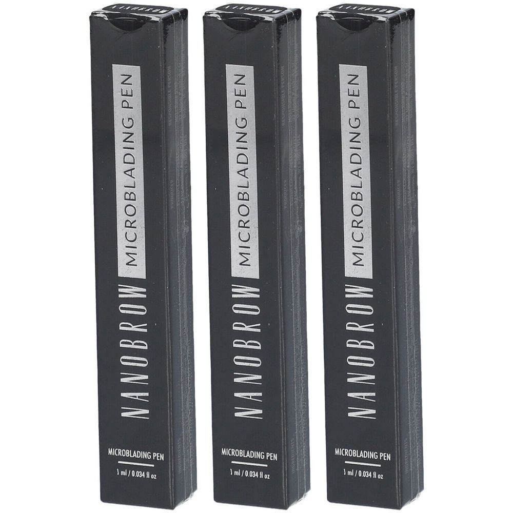 Trois paquets de NanoBrow Microblading Pen dans un emballage noir avec inscription blanche.