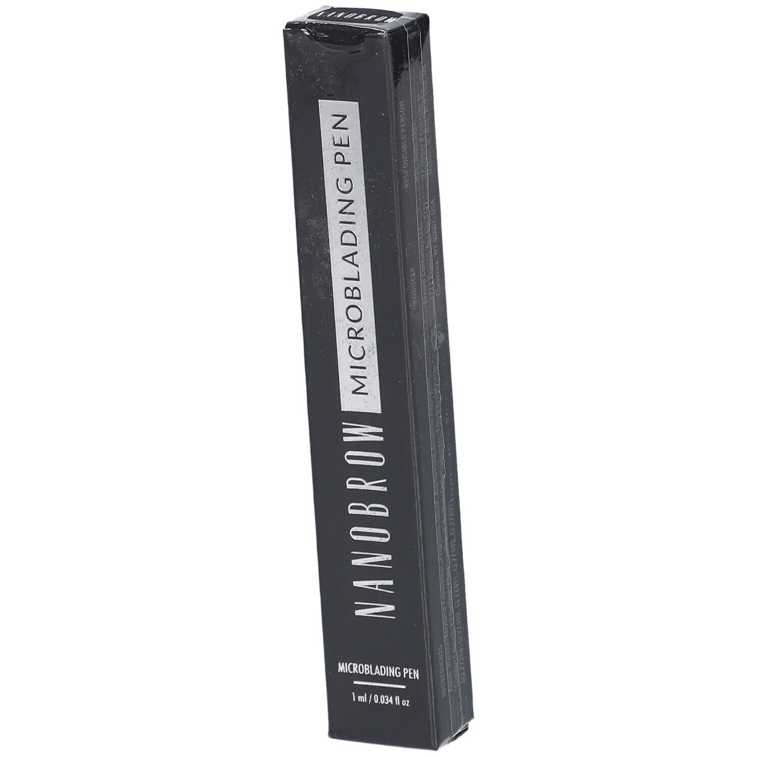 Zwarte verpakking met witte tekst. NANOBROW MICROBLADING PEN, 1 ml. Productnaam en merk duidelijk zichtbaar.