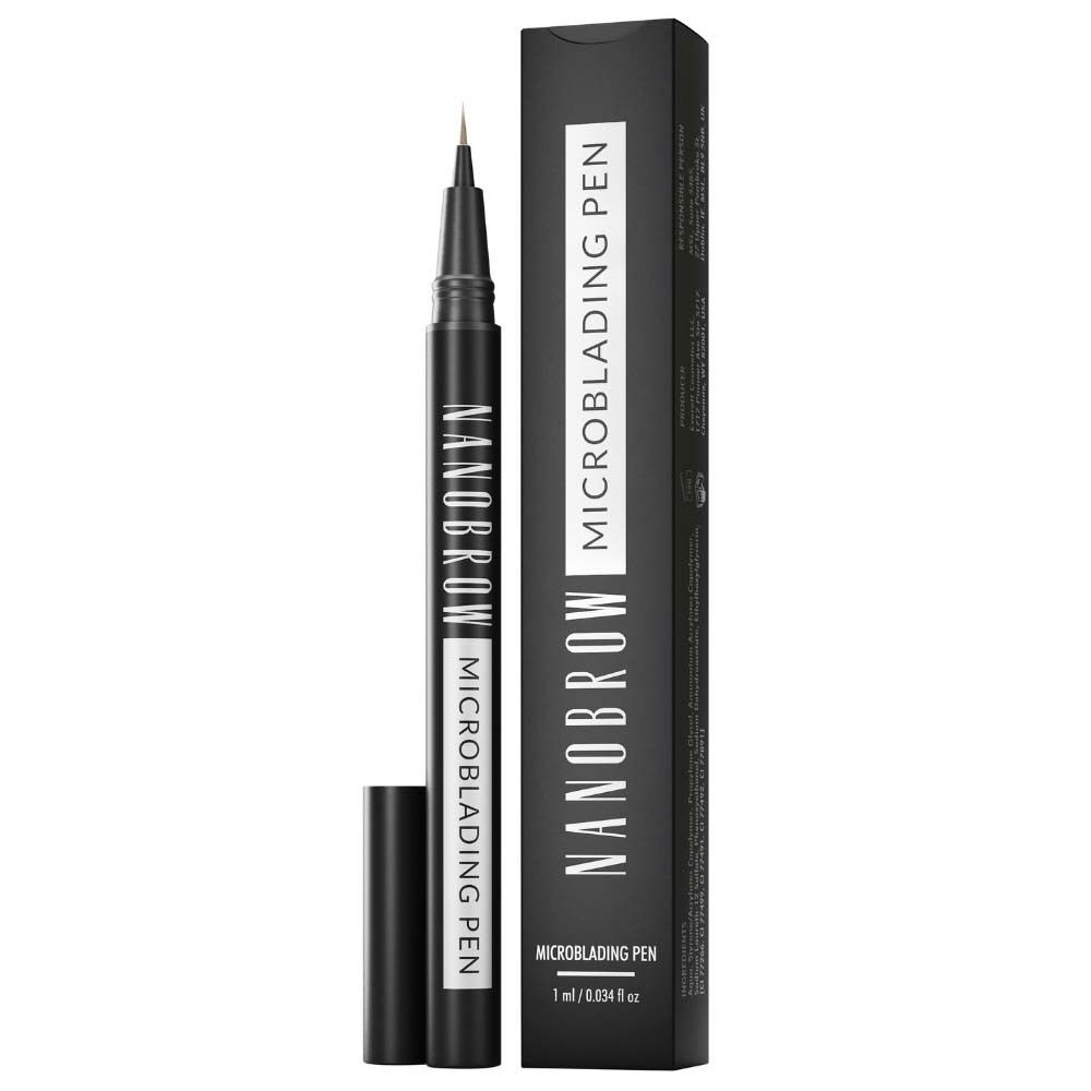 NANOBROW Microblading Pen. Zwarte pen met dop en verpakking. Opschrift: MICROBLADING PEN.