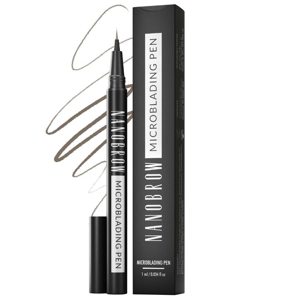 NANOBROW Microblading Pen. Zwarte pen met dop en verpakking. Streken. Opschrift: MICROBLADING PEN.