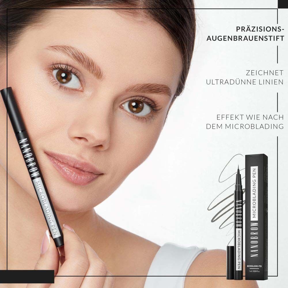 Vrouw houdt NANOBROW Microblading Pen vast. Zwarte pen, verpakking. Tekst: Precisie wenkbrauwpen, ultradunne lijnen.