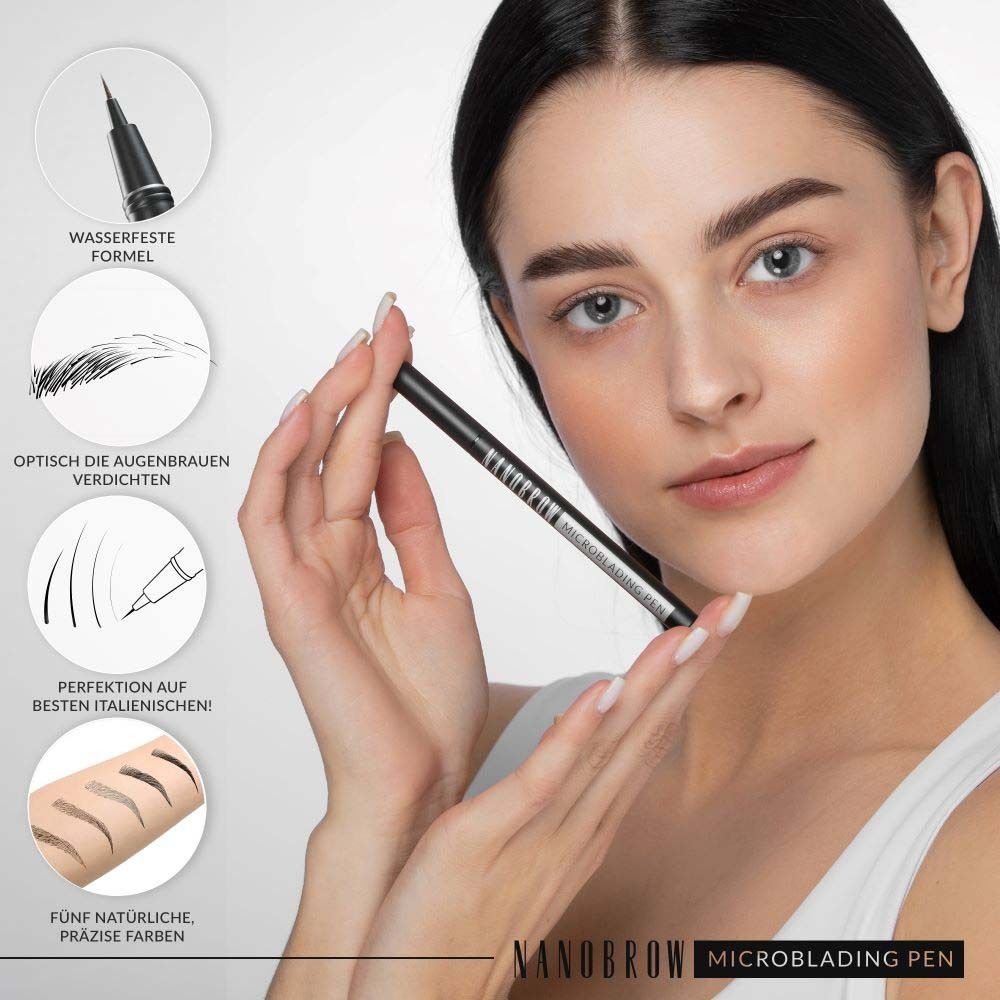 Vrouw houdt NANOBROW Microblading Pen vast. Zwarte pen, verpakking. Tekst: Watervaste formule, precieze kleuren.