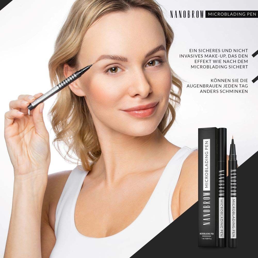 Vrouw houdt NANOBROW Microblading Pen vast. Zwarte pen, verpakking. Tekst: Veilige make-up, wenkbrauwen dagelijks opmaken.