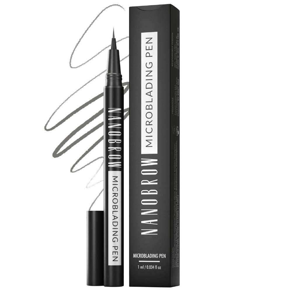 Stylo noir avec capuchon et emballage. Inscription : NANOBROW MICROBLADING PEN. Traits gris.