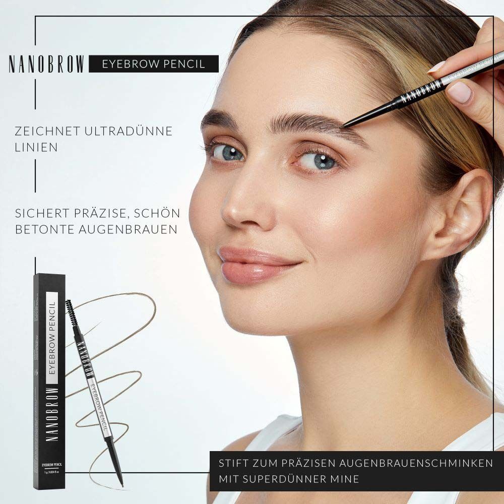 Femme avec crayon à sourcils. Emballage avec logo NANOBROW.