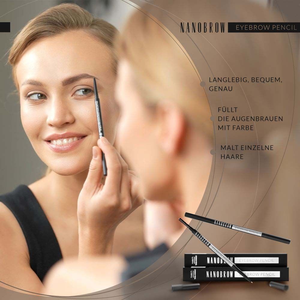 Femme avec crayon à sourcils. Reflet. Emballage avec logo NANOBROW.