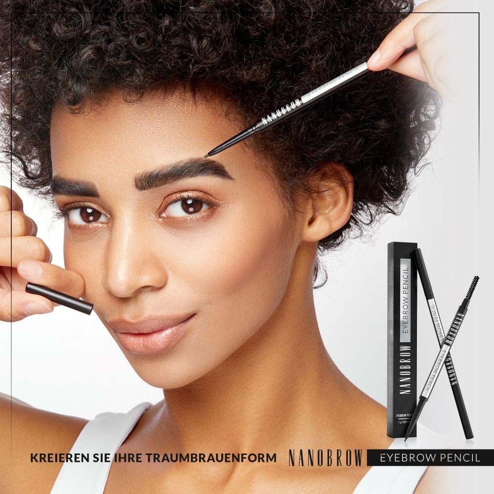 Femme avec crayon à sourcils. Emballage avec logo NANOBROW.