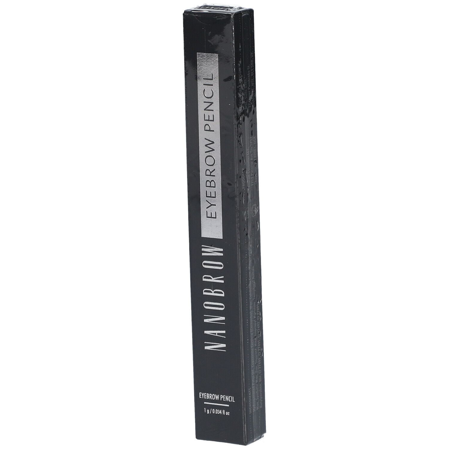 Emballage noir avec texte "NANOBROW EYEBROW PENCIL". Informations produit en haut et en bas.