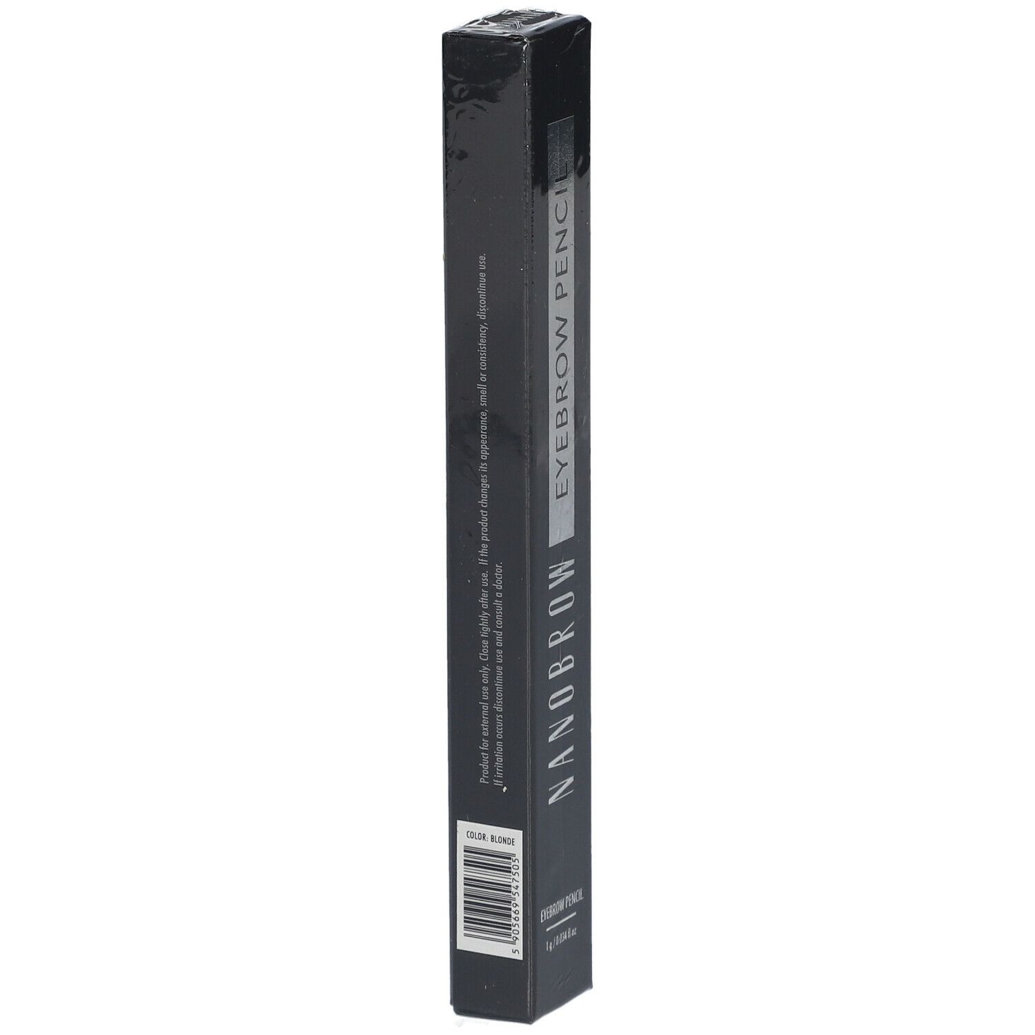 Emballage noir avec texte "NANOBROW EYEBROW PENCIL". Code-barres et informations produit.