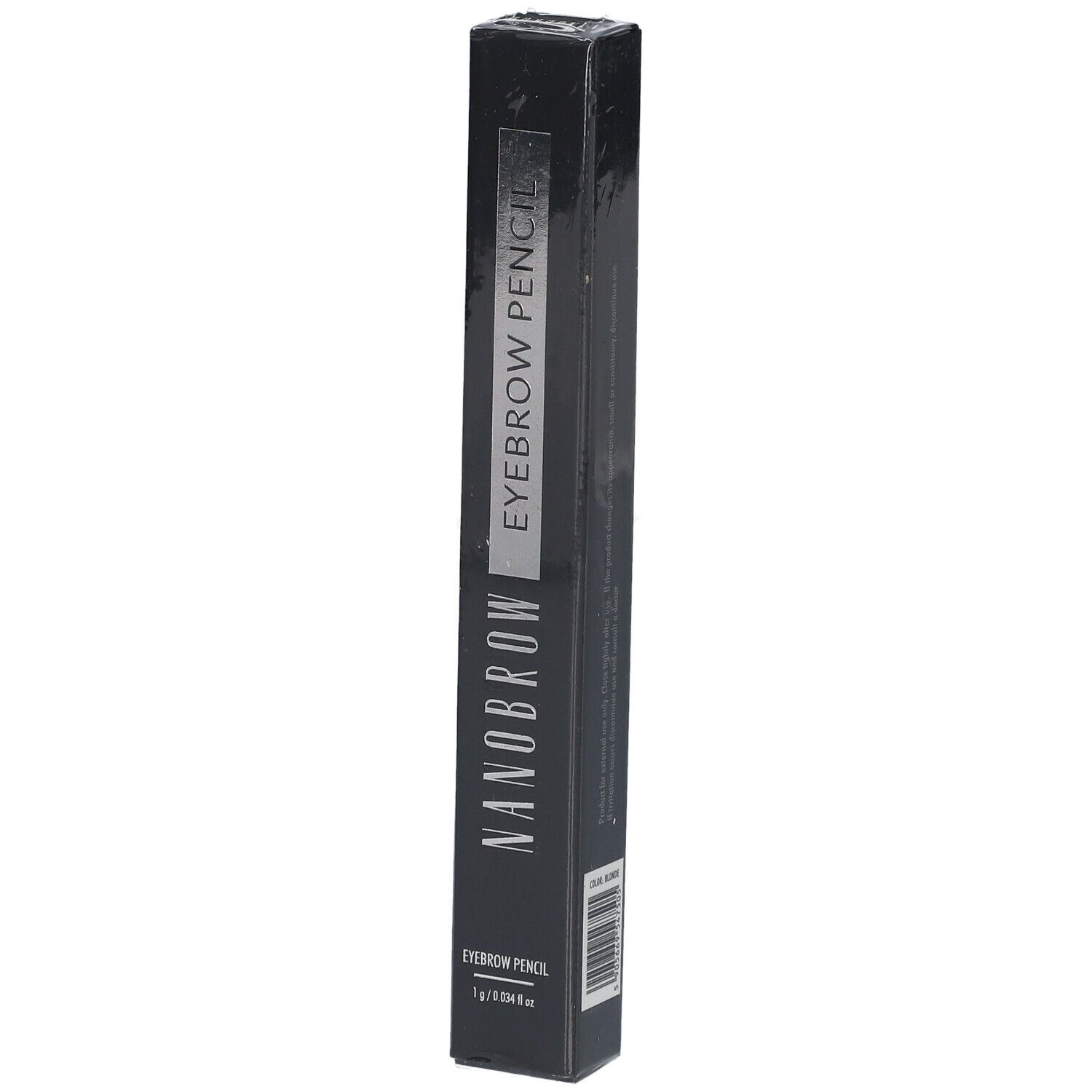 Emballage noir avec texte "NANOBROW EYEBROW PENCIL". Informations produit en bas.