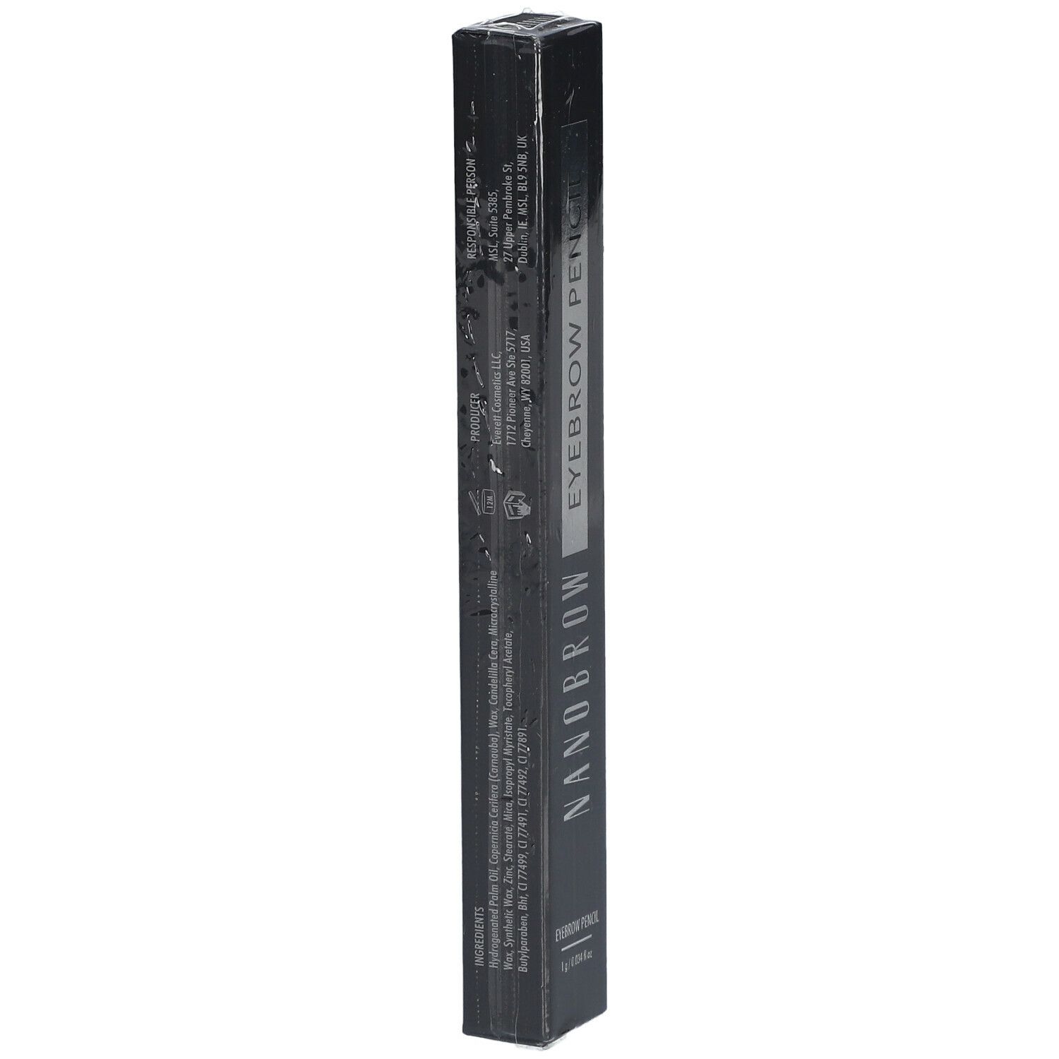 Emballage noir avec texte "NANOBROW EYEBROW PENCIL". Détails et ingrédients.