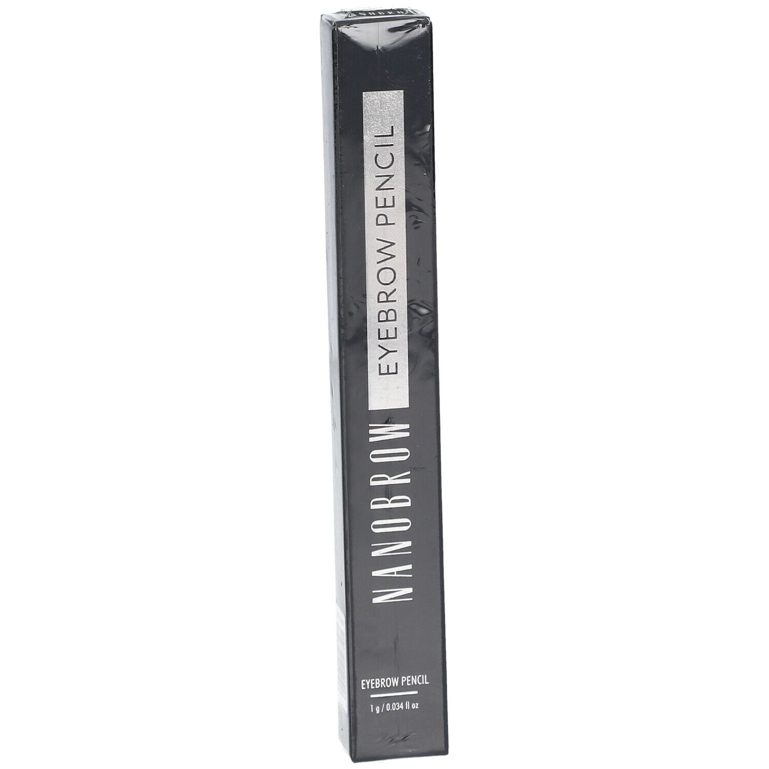 Emballage noir avec texte "NANOBROW EYEBROW PENCIL". Informations produit en bas.