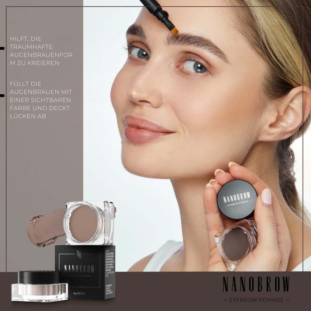 Vrouw houdt NANOBROW Eyebrow Pomade Medium Brown vast. Product en verpakking zichtbaar. Tekst: NANOBROW Eyebrow Pomade.