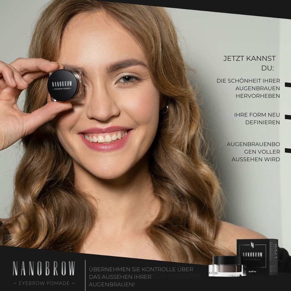 Vrouw houdt NANOBROW Eyebrow Pomade vast. Product en verpakking zichtbaar. Tekst: NANOBROW Eyebrow Pomade. Wenkbrauwbogen.
