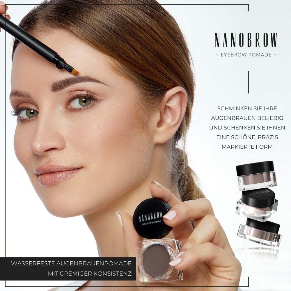 Femme avec pommade à sourcils et applicateur. Sur la table : emballage et pots. Nom du produit : NANOBROW Eyebrow Pomade.