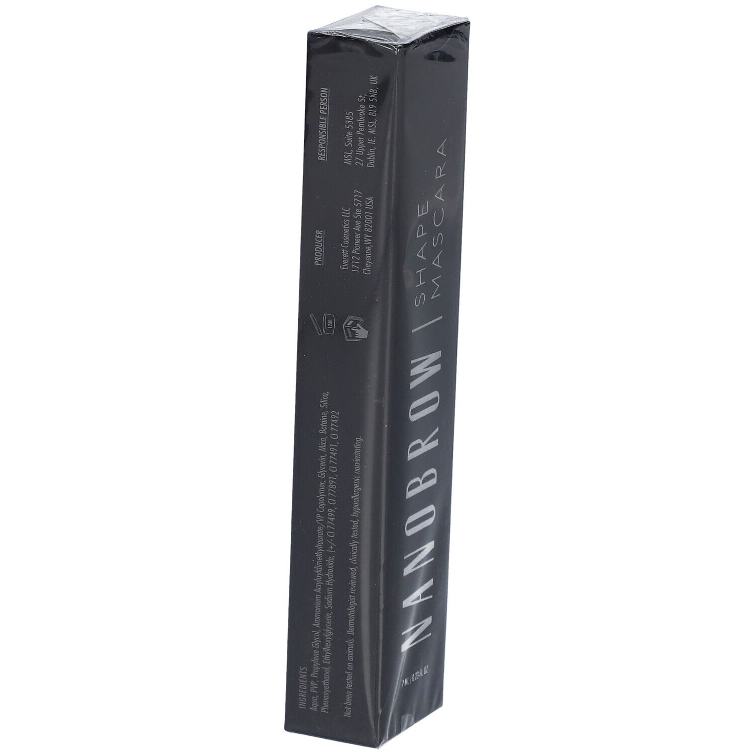 Emballage noir pour NANOBROW SHAPE MASCARA avec inscription argentée.
